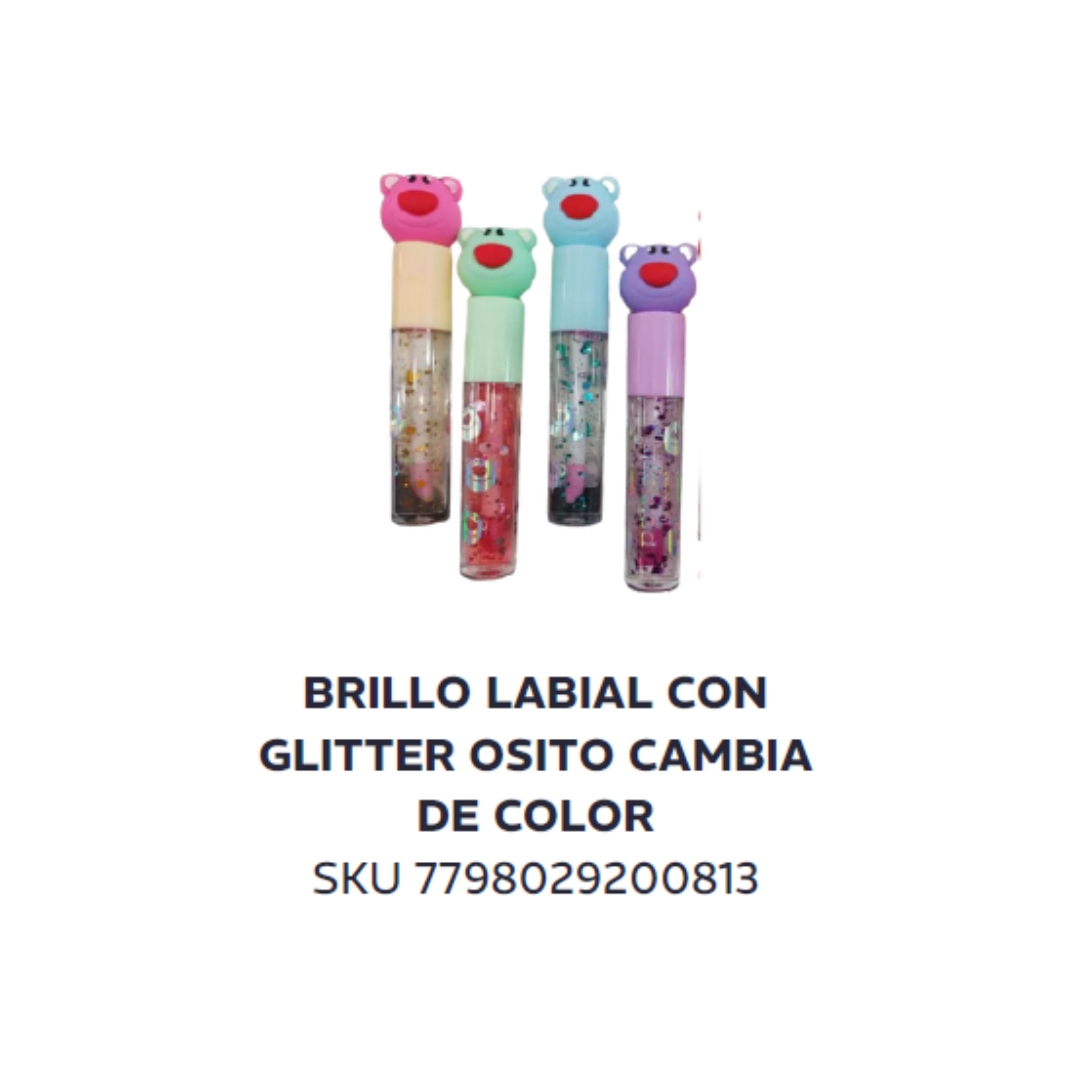 Brillo labial con glitter osito cambia color